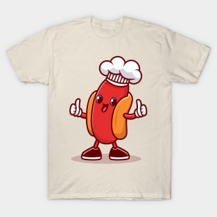 Cute Hotdog Chef Wearing Cap Cartoon T-Shirt